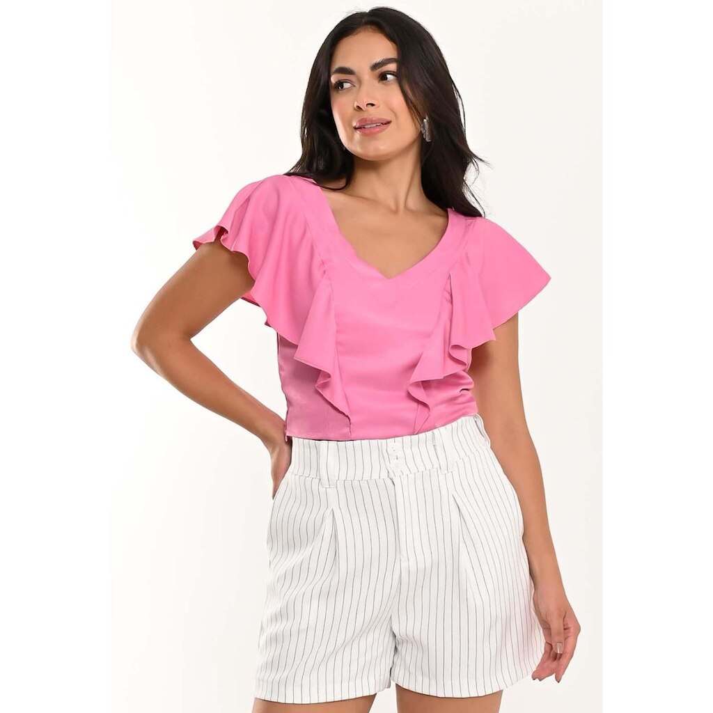 Blusa Bisô Decote Babados Lisa Rosa