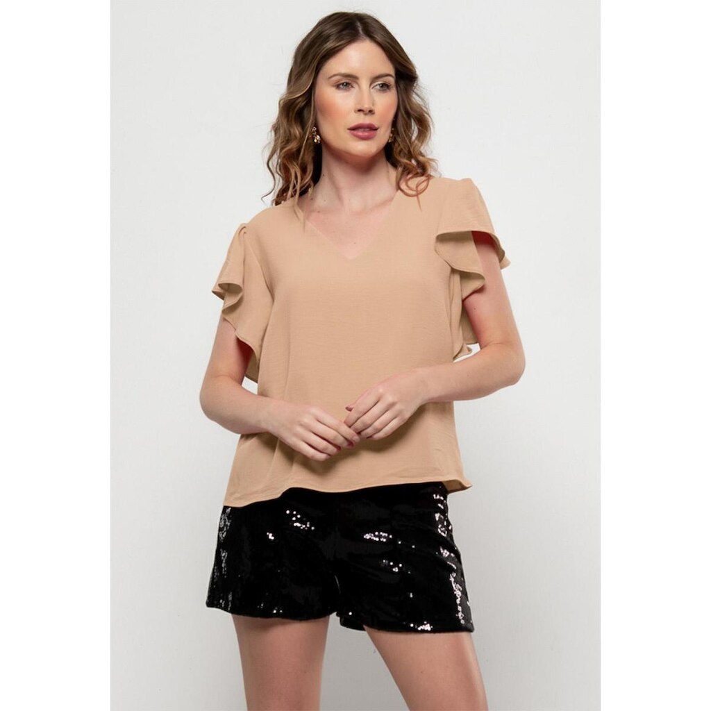 Blusa Bisô Manga Babado Lisa Bege