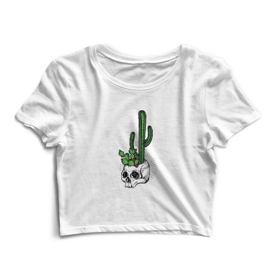 Blusa Blusinha Cropped Tshirt Camiseta Feminina Caveira Cactos Skull - Branco Menor preço em Blusa Blusinha Cropped Tshirt Camiseta Feminina Caveira Cactos Skull - Branco