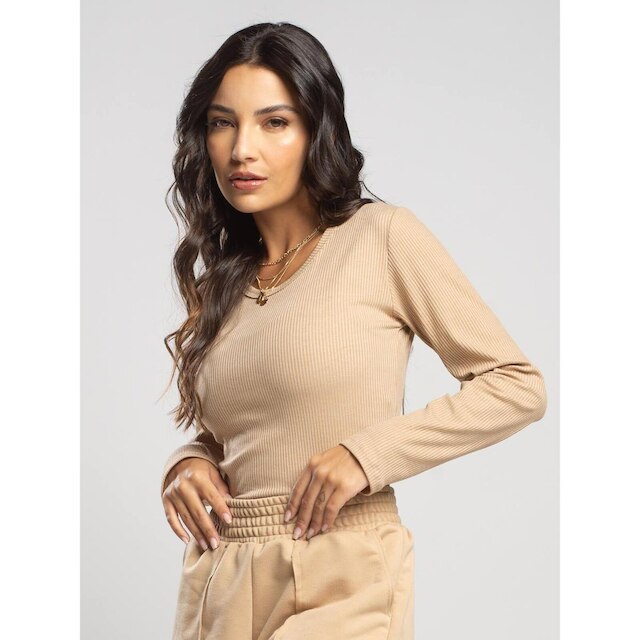 Blusa Canelada Manga Longa Feminina Casual