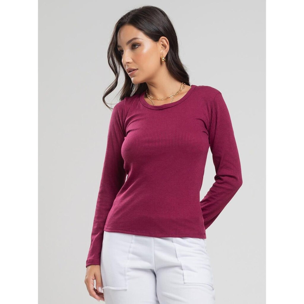 Blusa Canelada Manga Longa Feminina Casual