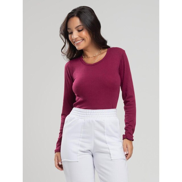 Blusa Canelada Manga Longa Feminina Casual