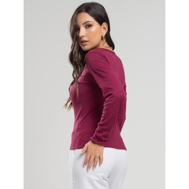 Blusa Canelada Manga Longa Feminina Casual