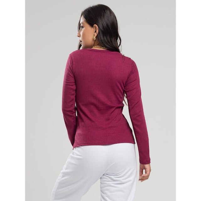Blusa Canelada Manga Longa Feminina Casual
