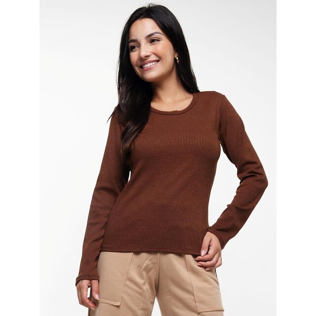 Blusa Canelada Manga Longa Feminina Casual