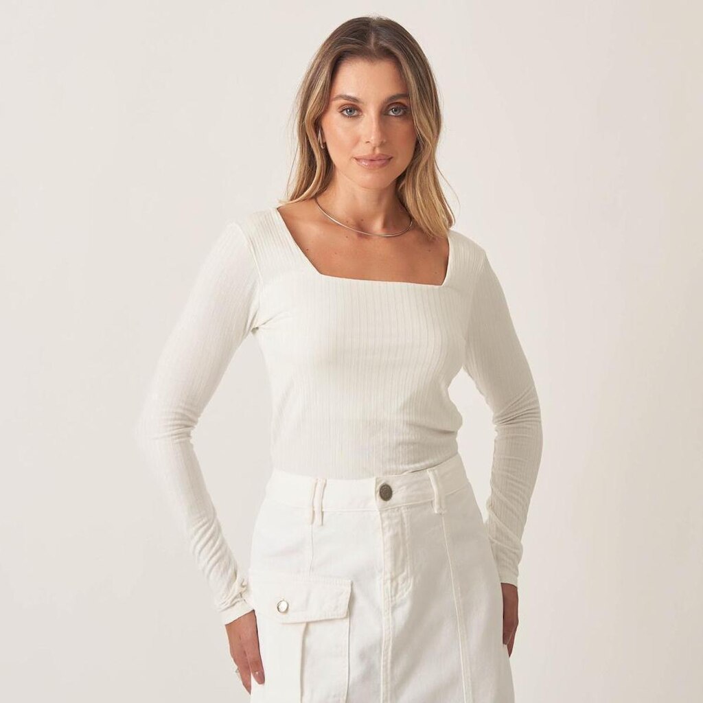 Blusa Canelado Manga Longa Decote Quadrado