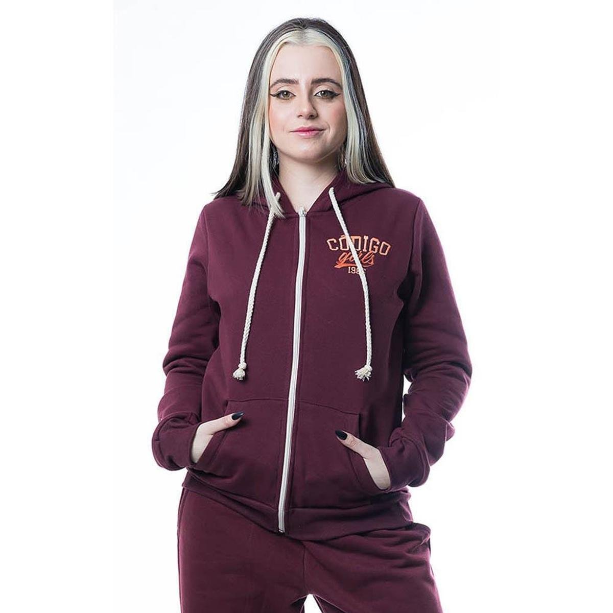 Blusa Código Girls De Moletom Com Capuz E Zíper Feminina Bordô