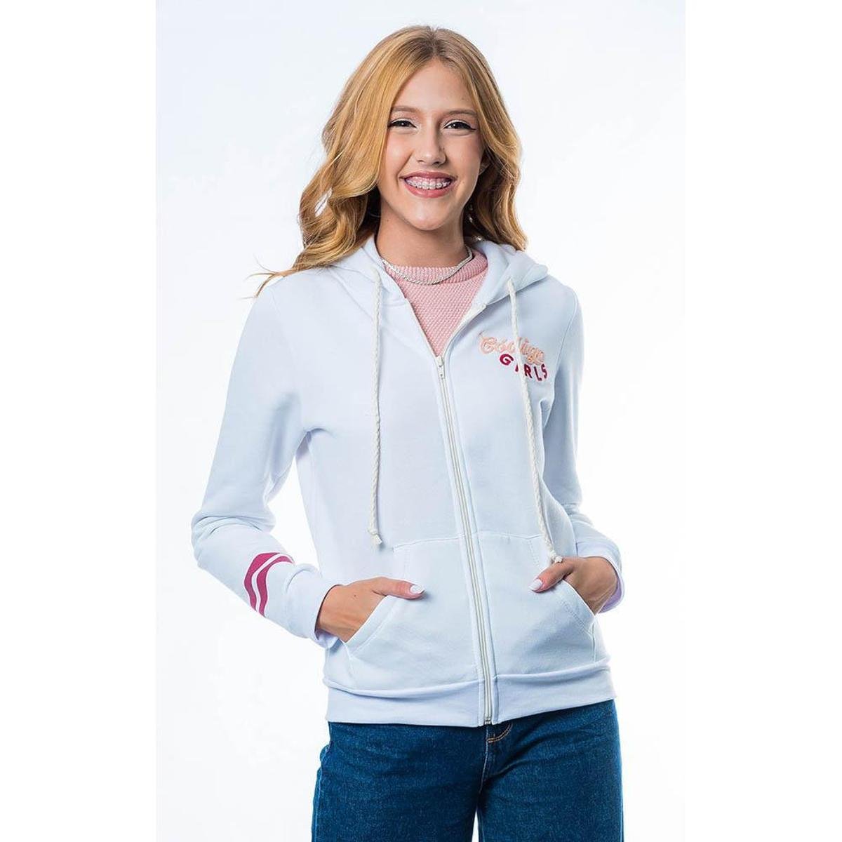 Blusa Código Girls De Moletom Com Zíper E Capuz Feminina Branco