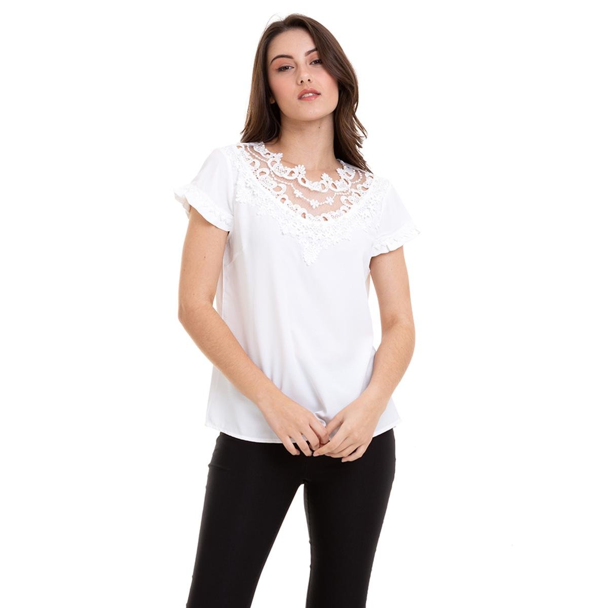 Blusa Com Renda Guipir e Perolas Feminina - Branco | Netshoes