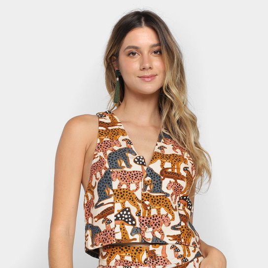 Blusa Cropped Farm Onça Feminina - Estampado Menor preço em Blusa Cropped Farm Onça Feminina - Estampado