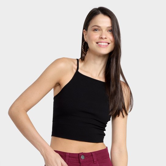 Blusa Cropped Farm Ribana Decote Alto Feminina - Preto Menor preço em Blusa Cropped Farm Ribana Decote Alto Feminina - Preto