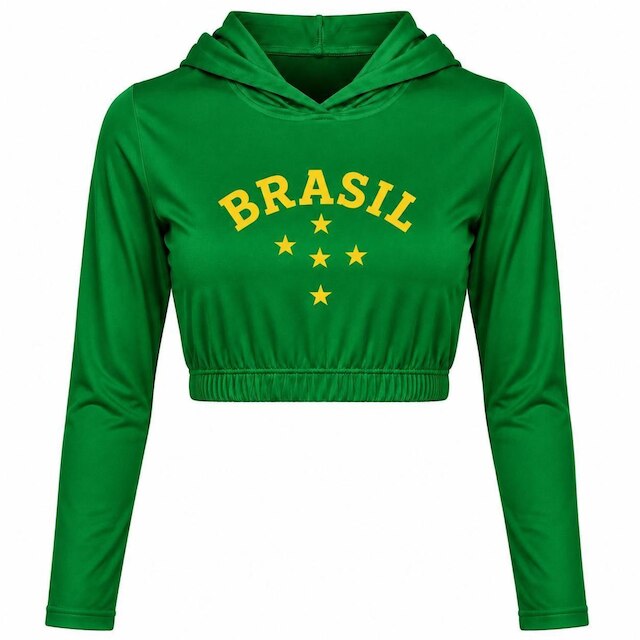 Blusa Cropped Feminina Brasil com Capuz Manga Longa Casual Torcida Poliéster e Viscose