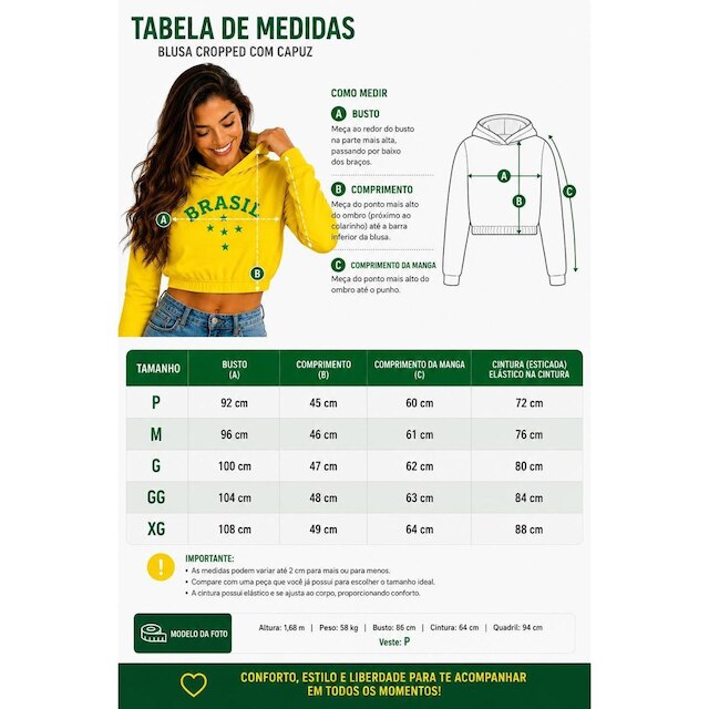 Blusa Cropped Feminina Brasil com Capuz Manga Longa Casual Torcida Poliéster e Viscose