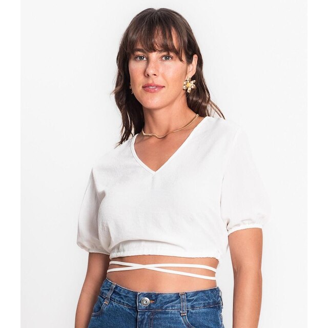 Blusa Cropped Feminina Decote V Rovitex Bege