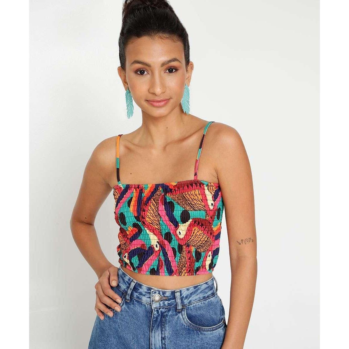 Blusa Cropped Feminina Lastex Estampa Tropical Marisa-44308