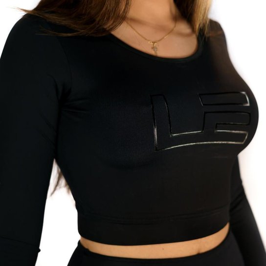 Blusa Cropped Manga Longa Com Proteção Uv Preta