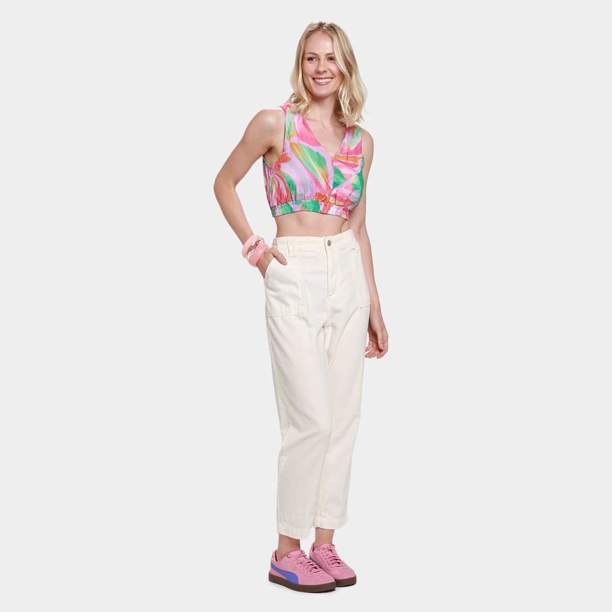 Blusa Cropped Mercatto Estampada Decote V Feminina - 4