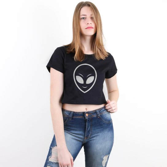Blusa Cropped Morena Deluxe Cabeça Alien Feminina - Preto