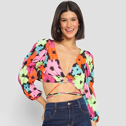 Blusa Cropped My Favorite Thing (s) Floral Com Argola Feminina - Feminino