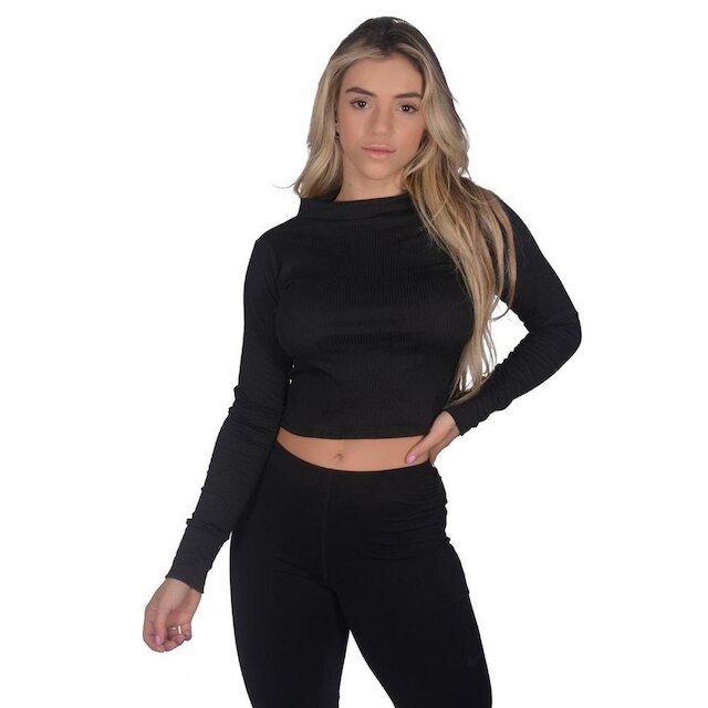 Blusa Cropped Toda Casual Canelado Manga Longa Comprida