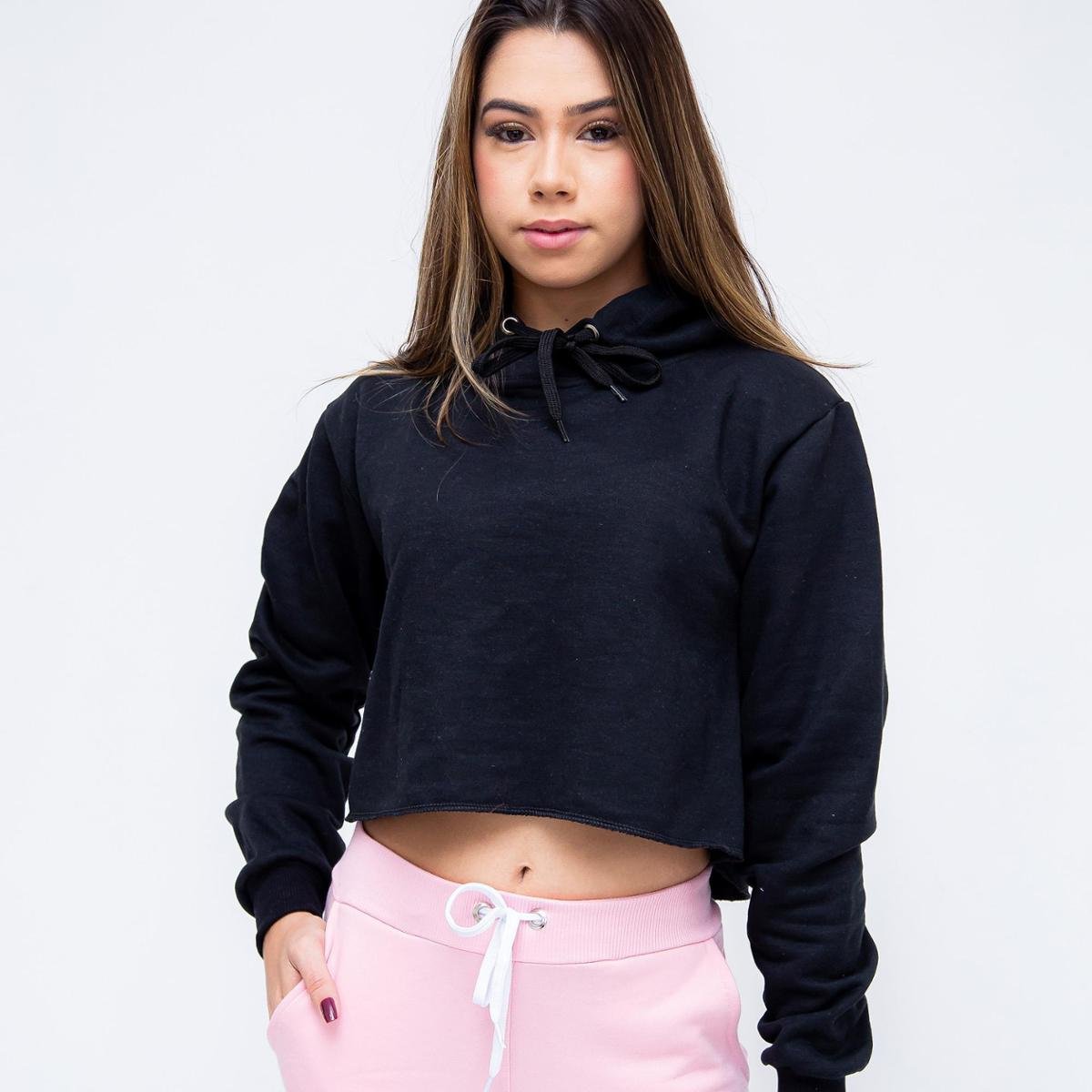 Blusa De Frio Moletom Cropped Feminino Capuz Preto Netshoes