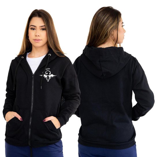 Blusa De Frio Feminina Preta Com Ziper Blusa De Frio Moletom
