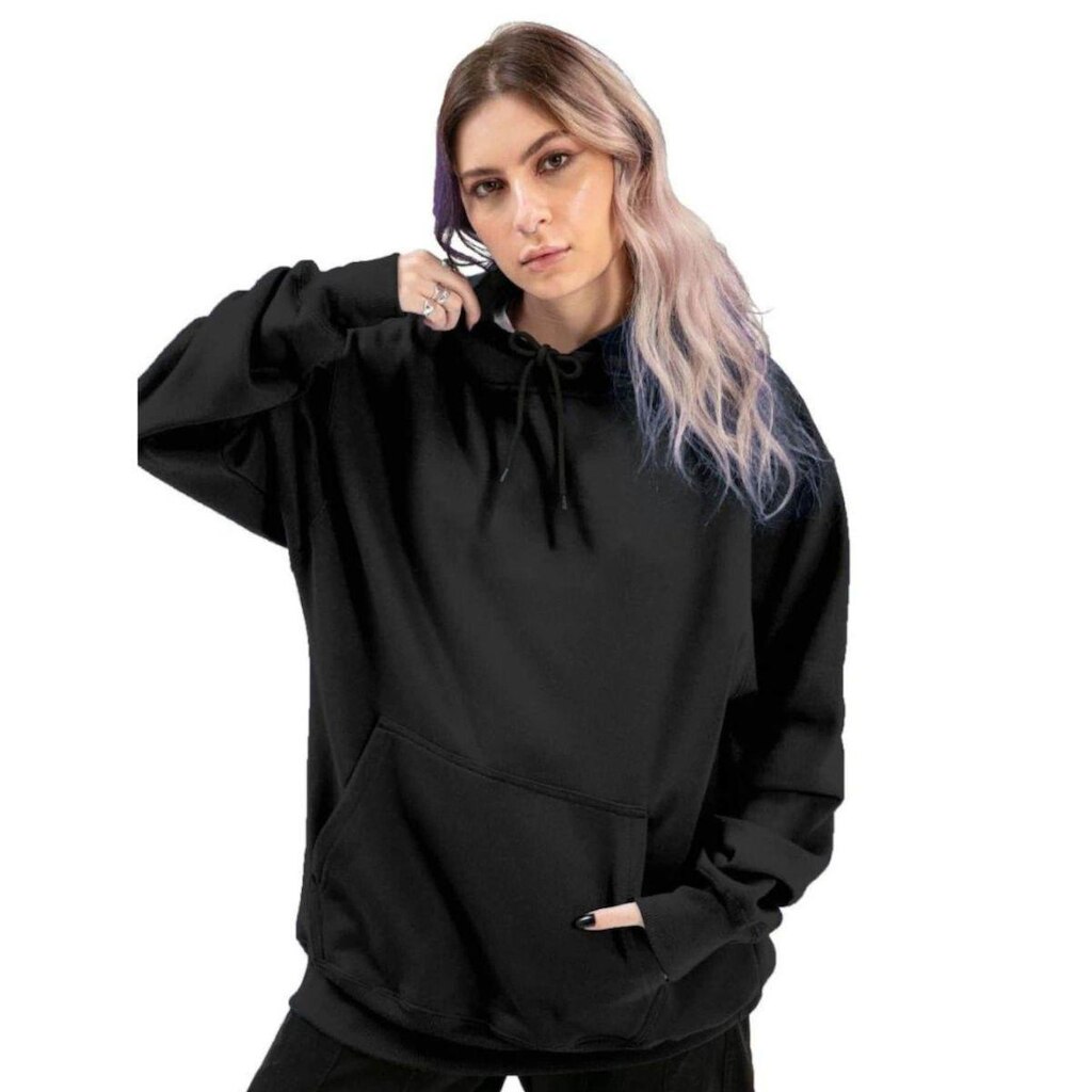 Blusa de Frio Moletom Liso Feminino Relaxado Com Capuz E Bolso Canguru