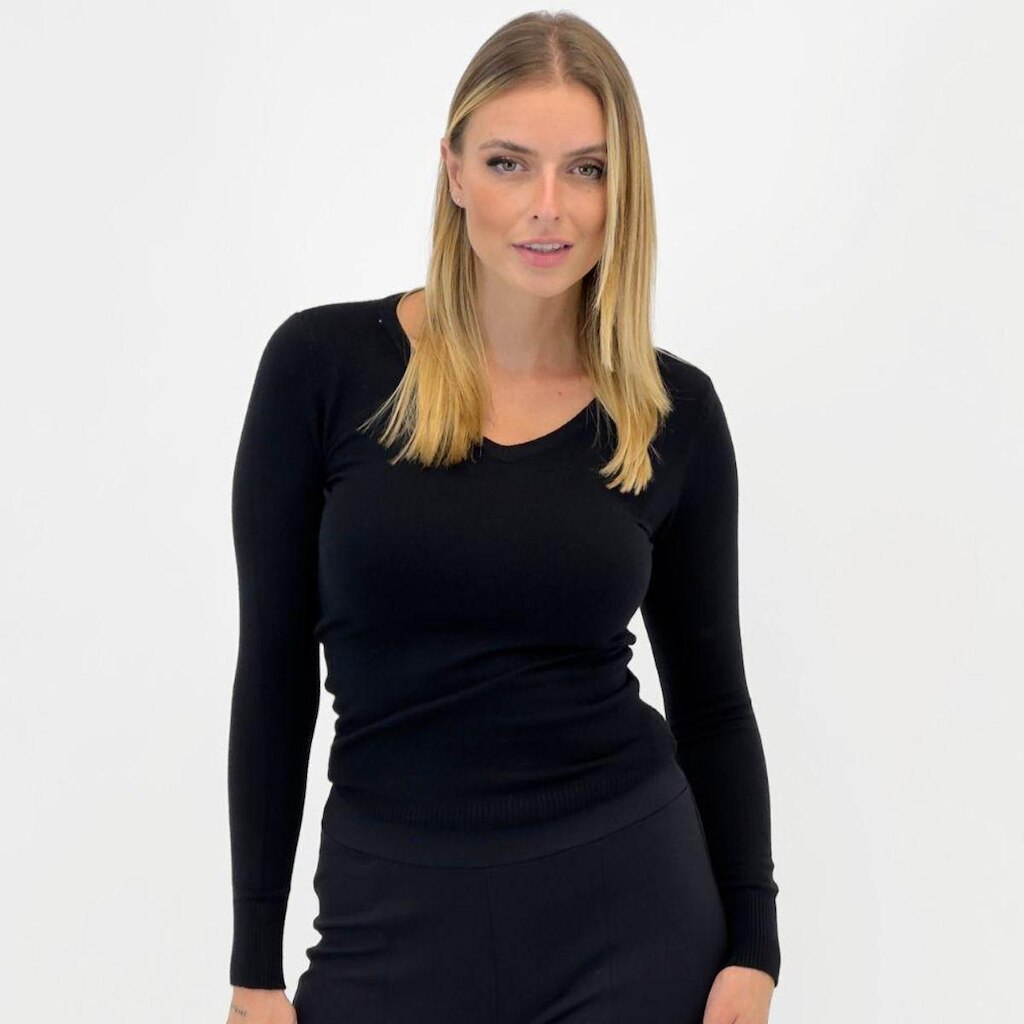 Blusa de Lã Blue Rose Básica Gola V Feminina