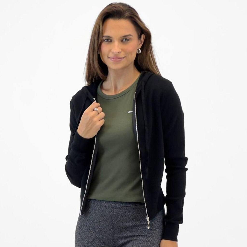 Blusa de Lã Blue Rose Texturizada com Zíper e Capuz Feminina
