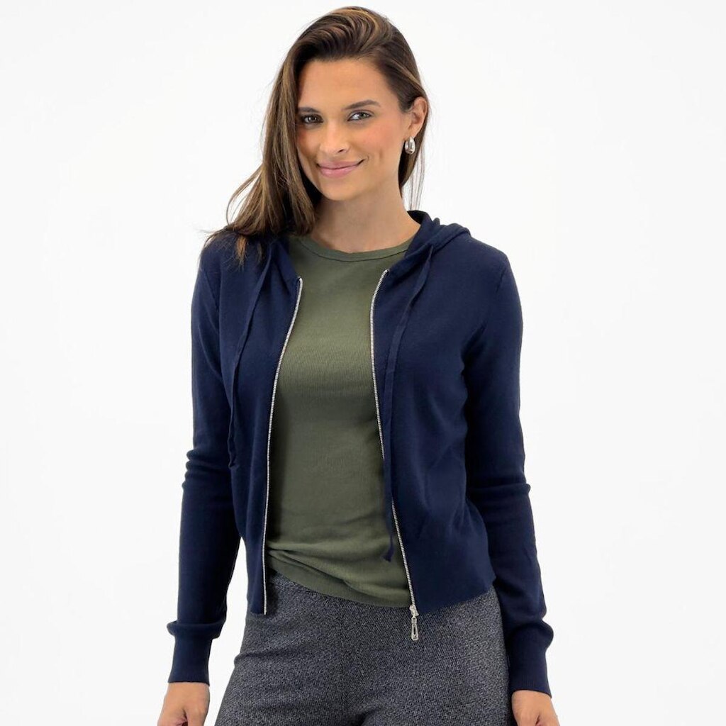 Blusa de Lã Blue Rose Texturizada com Zíper e Capuz Feminina