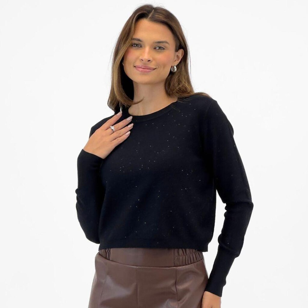 Blusa de Lã Dunialin Curta com Brilho Gola Redonda Feminina