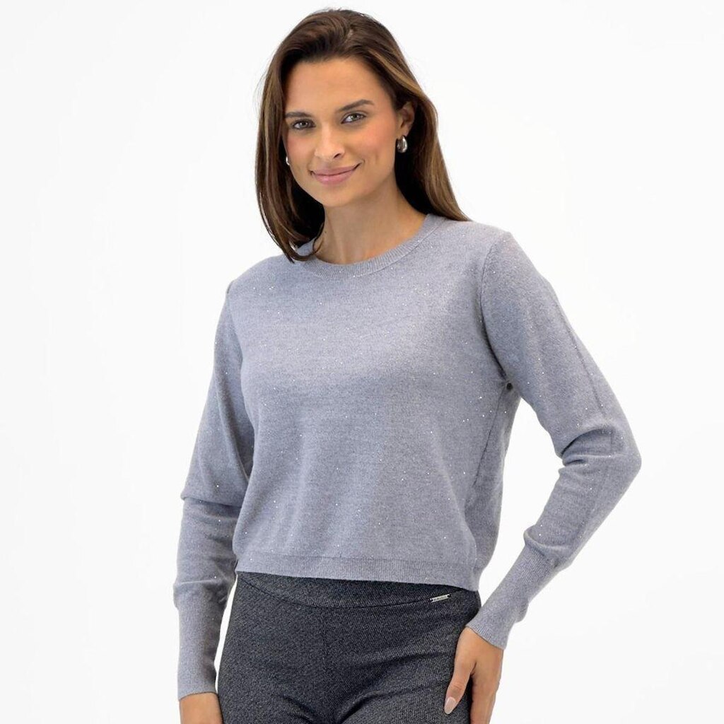 Blusa de Lã Dunialin Curta com Brilho Gola Redonda Feminina