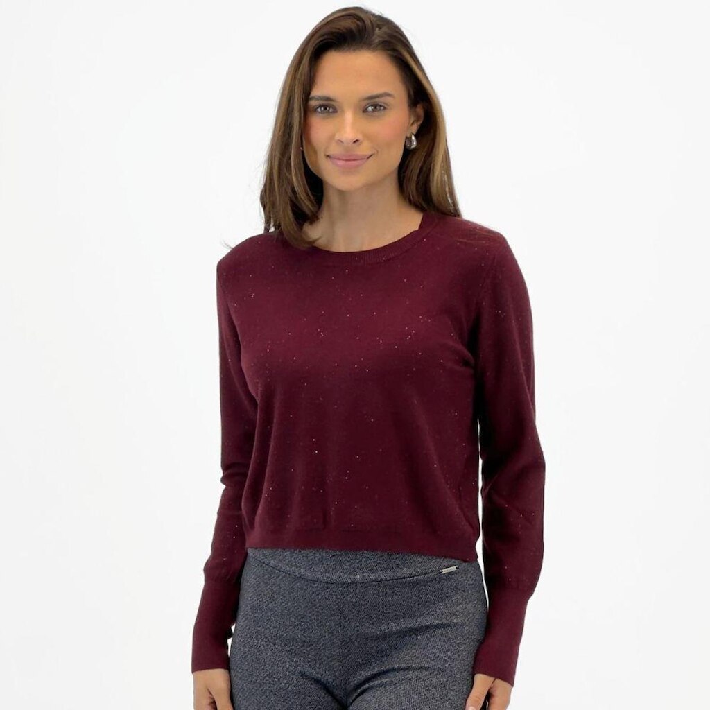 Blusa de Lã Dunialin Curta com Brilho Gola Redonda Feminina
