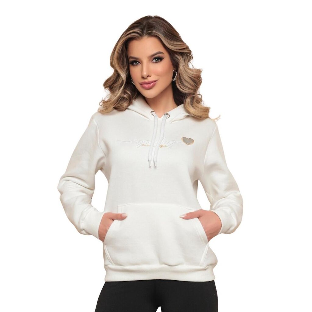 Blusa de Moletom Feminina Flanelada Offwhite com Bordado