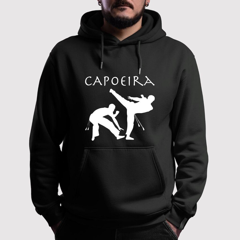 Blusa de Moletom Flanelada Canguru Com Capuz Estampada Capoeira