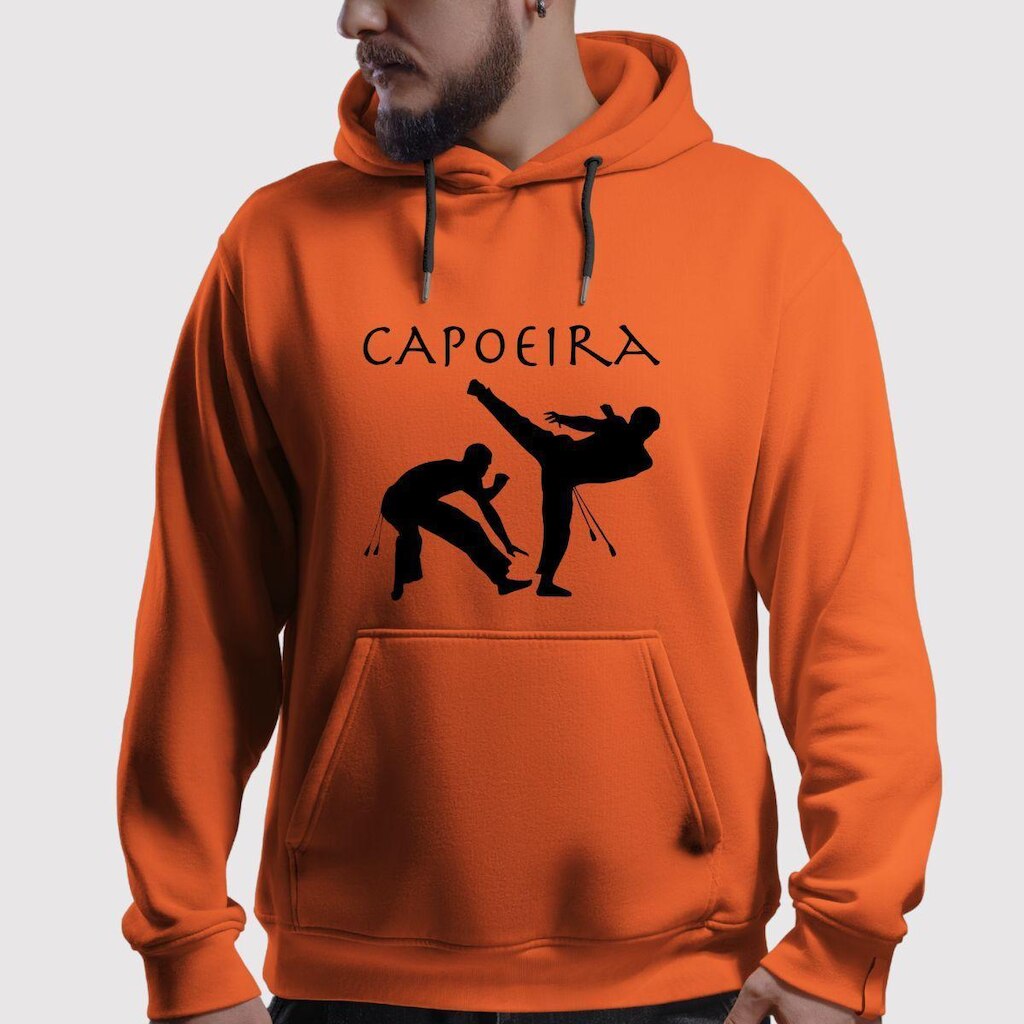 Blusa de Moletom Flanelada Canguru Com Capuz Estampada Capoeira