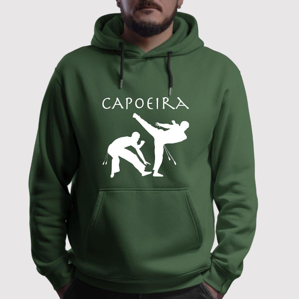 Blusa de Moletom Flanelada Canguru Com Capuz Estampada Capoeira