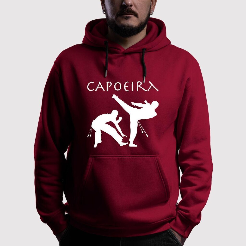 Blusa de Moletom Flanelada Canguru Com Capuz Estampada Capoeira