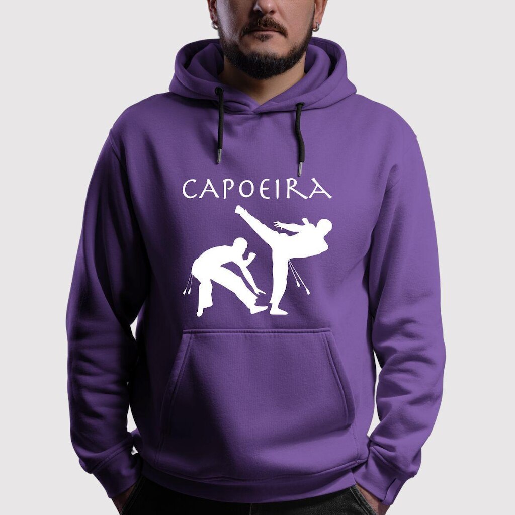 Blusa de Moletom Flanelada Canguru Com Capuz Estampada Capoeira
