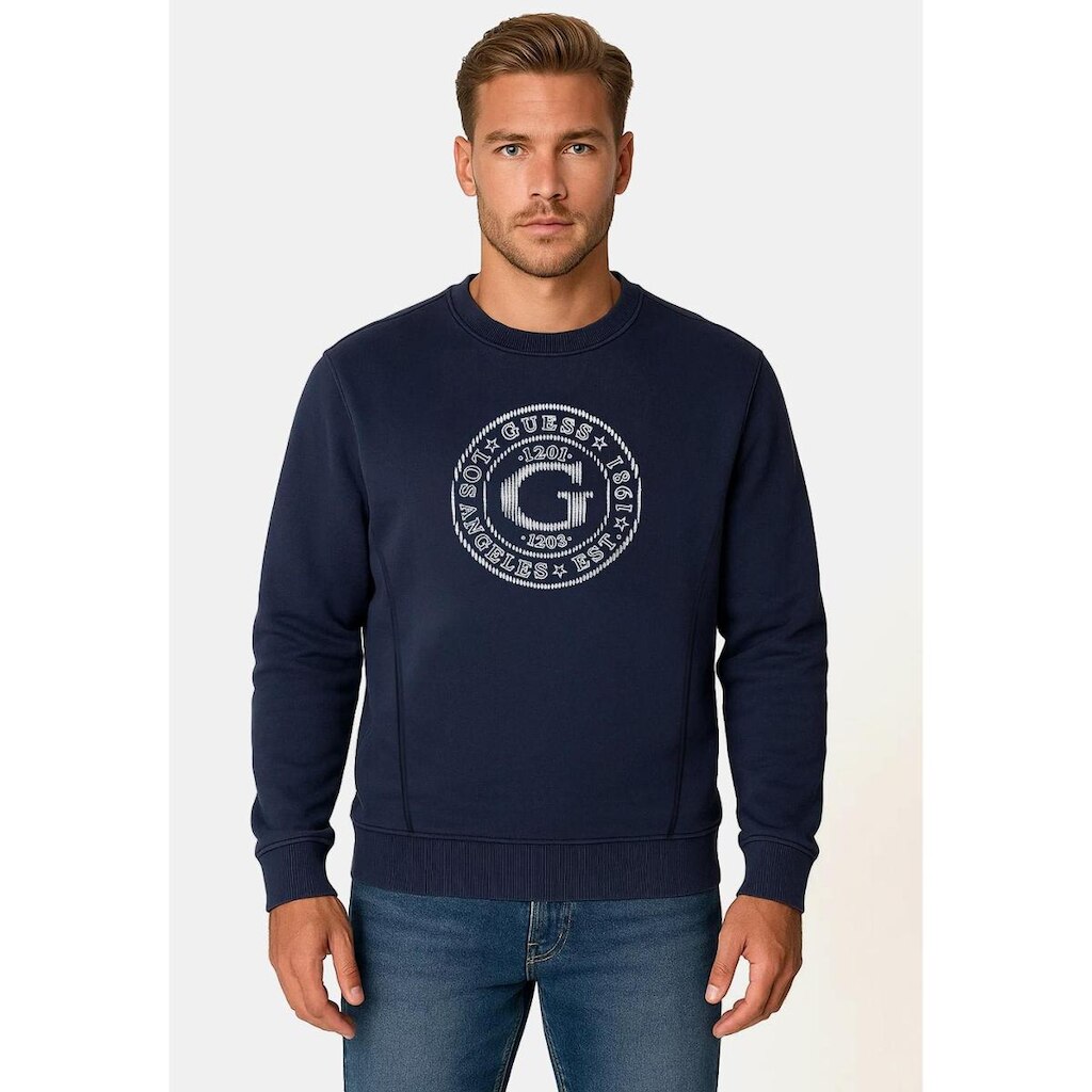 Blusa de Moletom Logo Guess Relevo Azul Escuro