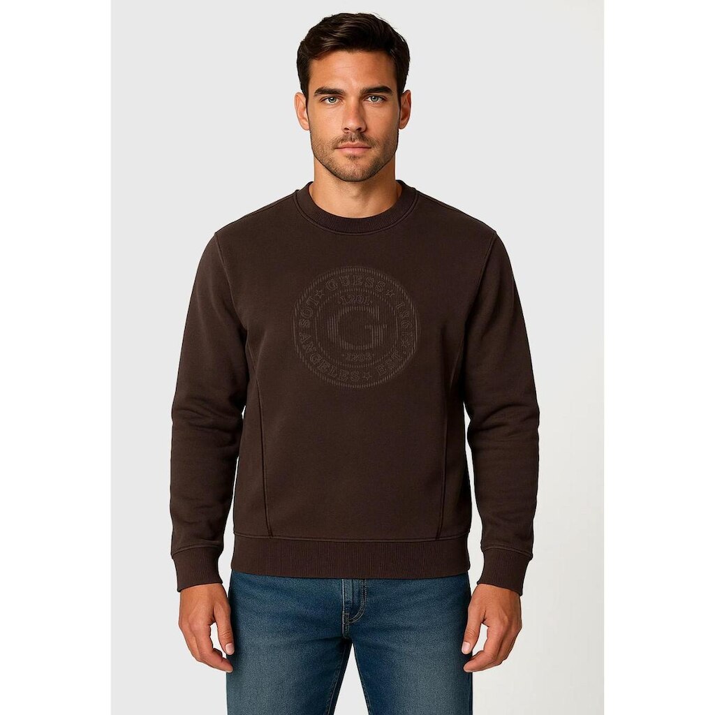 Blusa de Moletom Logo Guess Relevo Marrom