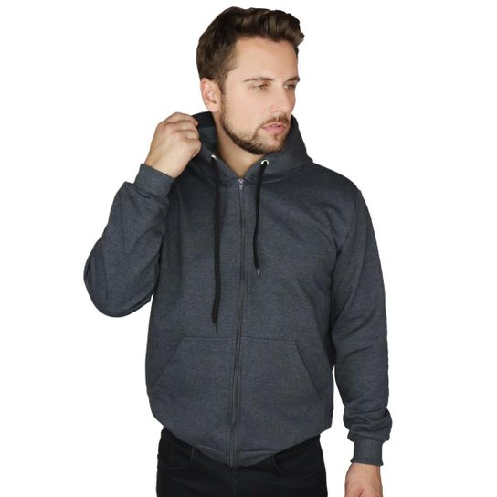 Blusa De Moletom Masculina Capuz Bolso Canguru Chumbo Aberta Com Ziper - Chumbo Menor preço em Blusa De Moletom Masculina Capuz Bolso Canguru Chumbo Aberta Com Ziper - Chumbo