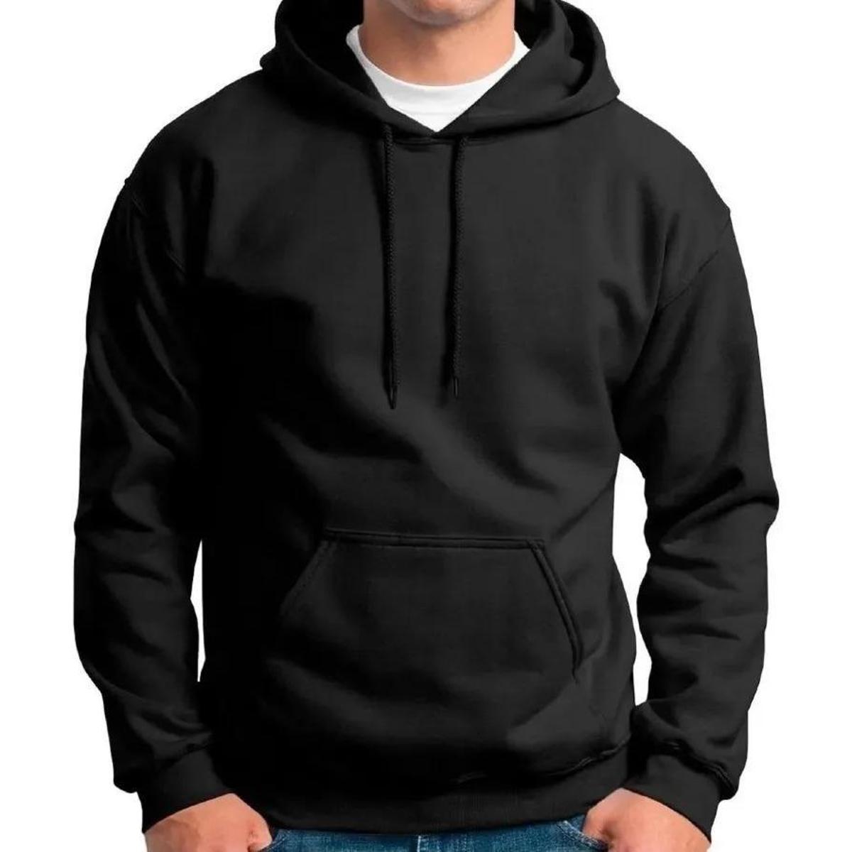 Blusa de Moletom Masculino Grosso Super Quente Liso Flanelado Canguru - Preto