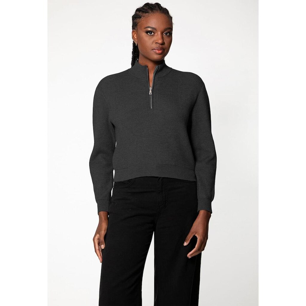 Blusa de Tricot Eco Canelada Zíper Cinza