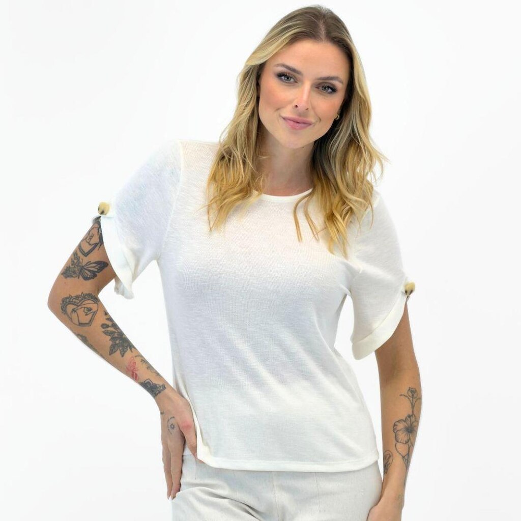 Blusa Doce Trama Básica Manga Curta Gola Redonda Feminina