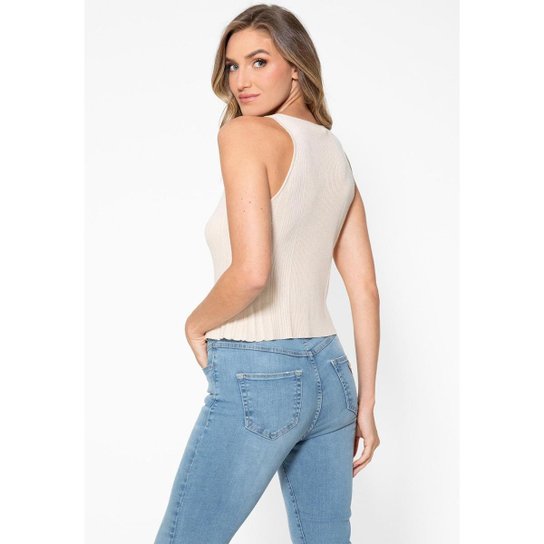 Blusa Eco Tricot Aberta Decote Botões Bege