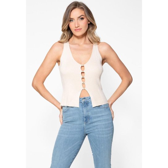 Blusa Eco Tricot Aberta Decote Botões Bege