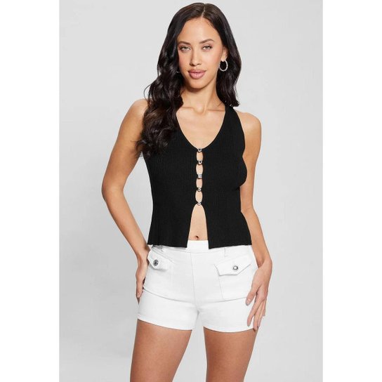 Blusa Eco Tricot Aberta Decote Botões Preto