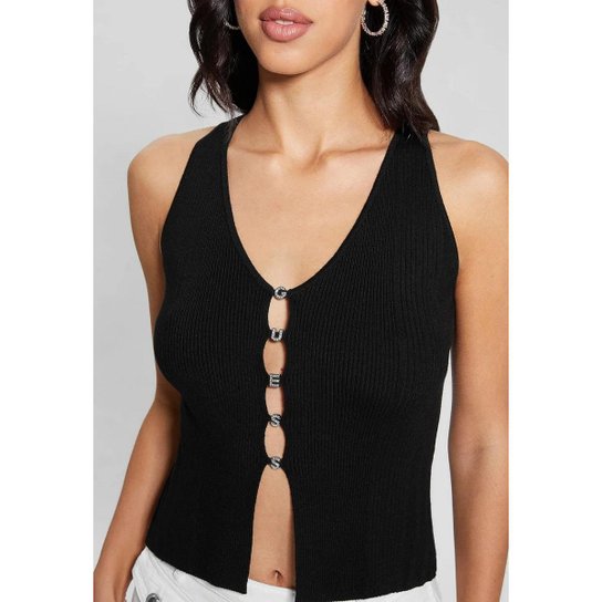 Blusa Eco Tricot Aberta Decote Botões Preto