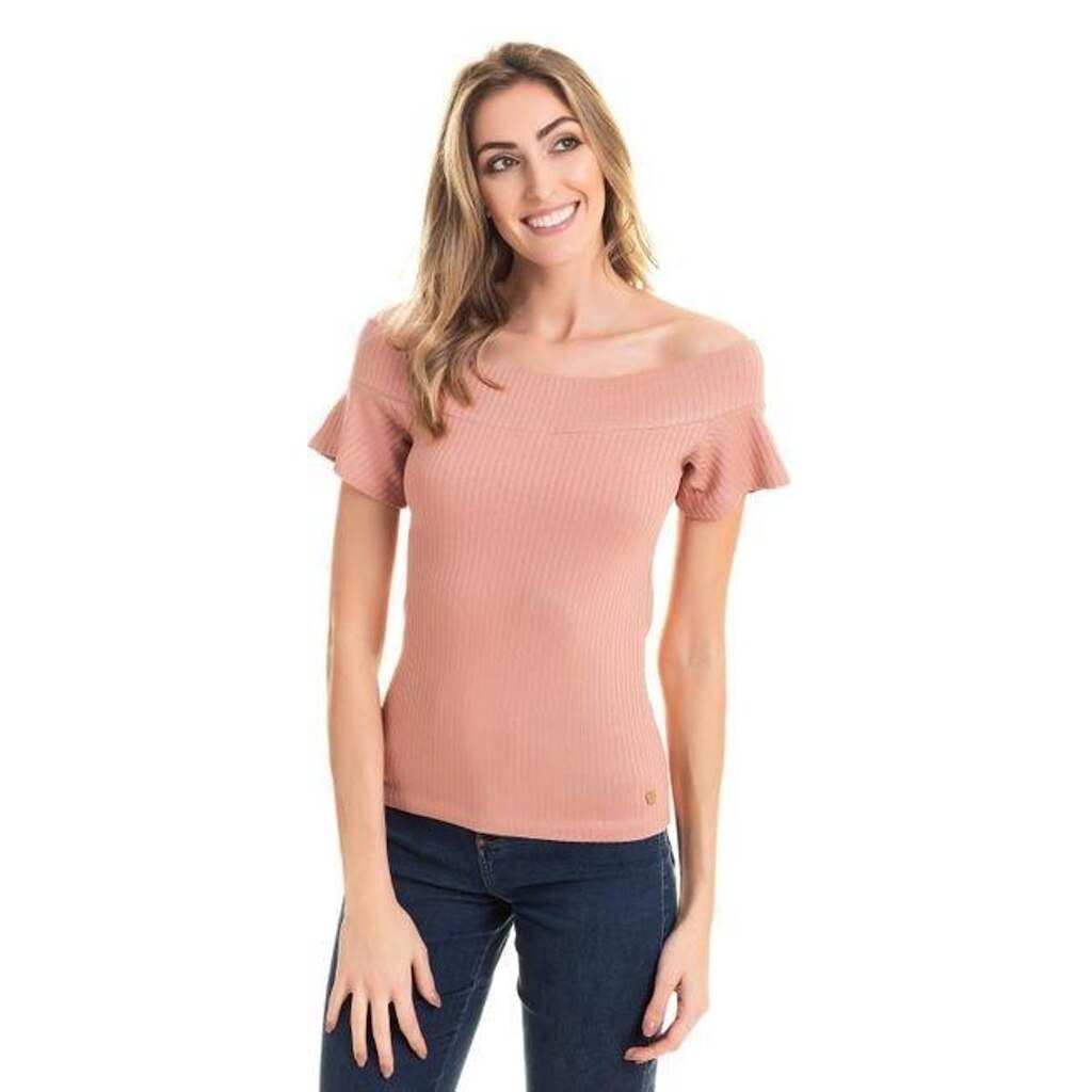Blusa em Ribana Canelada Decote Ombro a Ombro Mangas Godê
